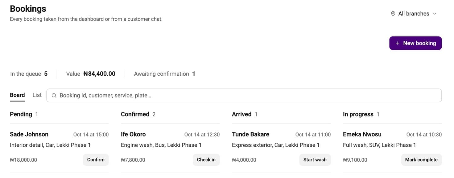 The bookings board with pending, confirmed, arrived and in progress columns