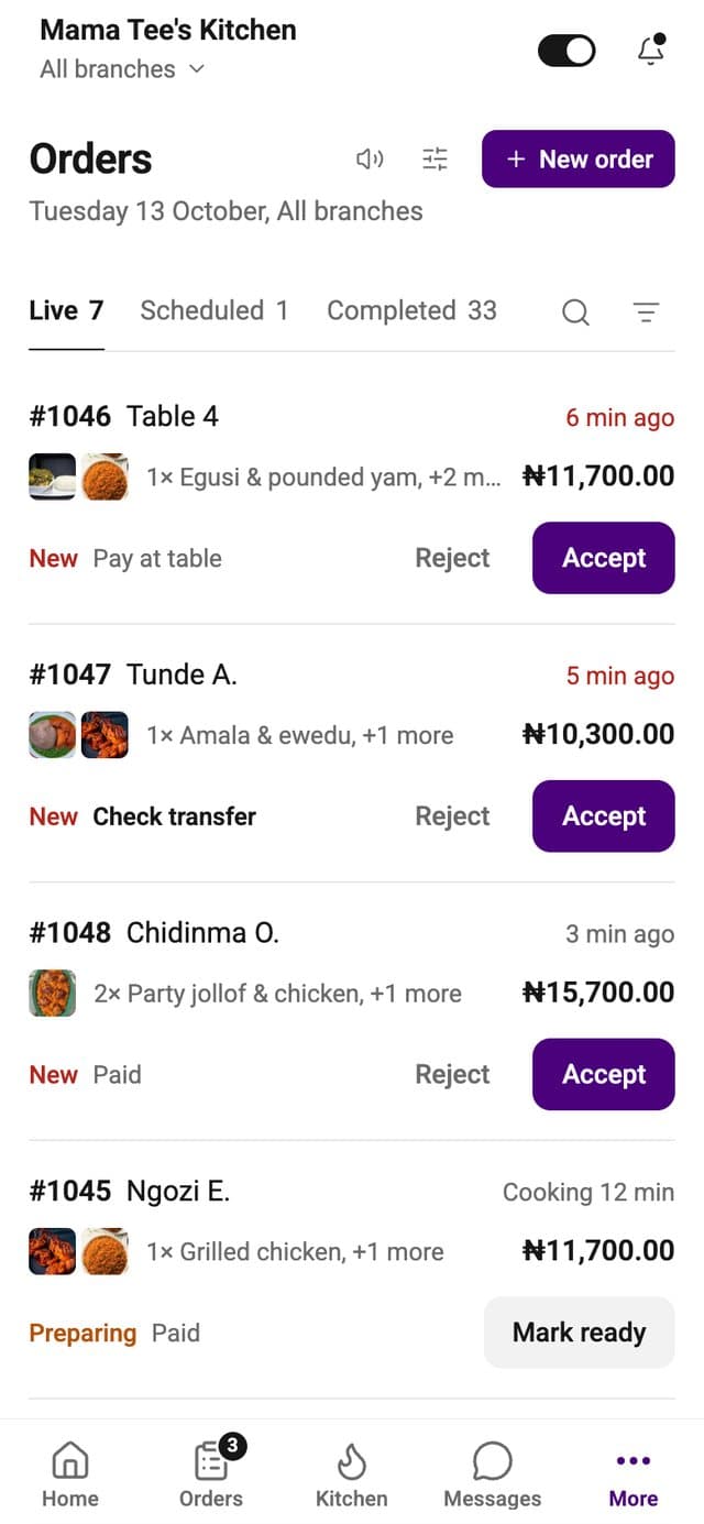 New orders with Accept buttons