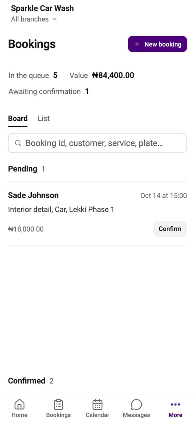 The bookings board on the owner's phone