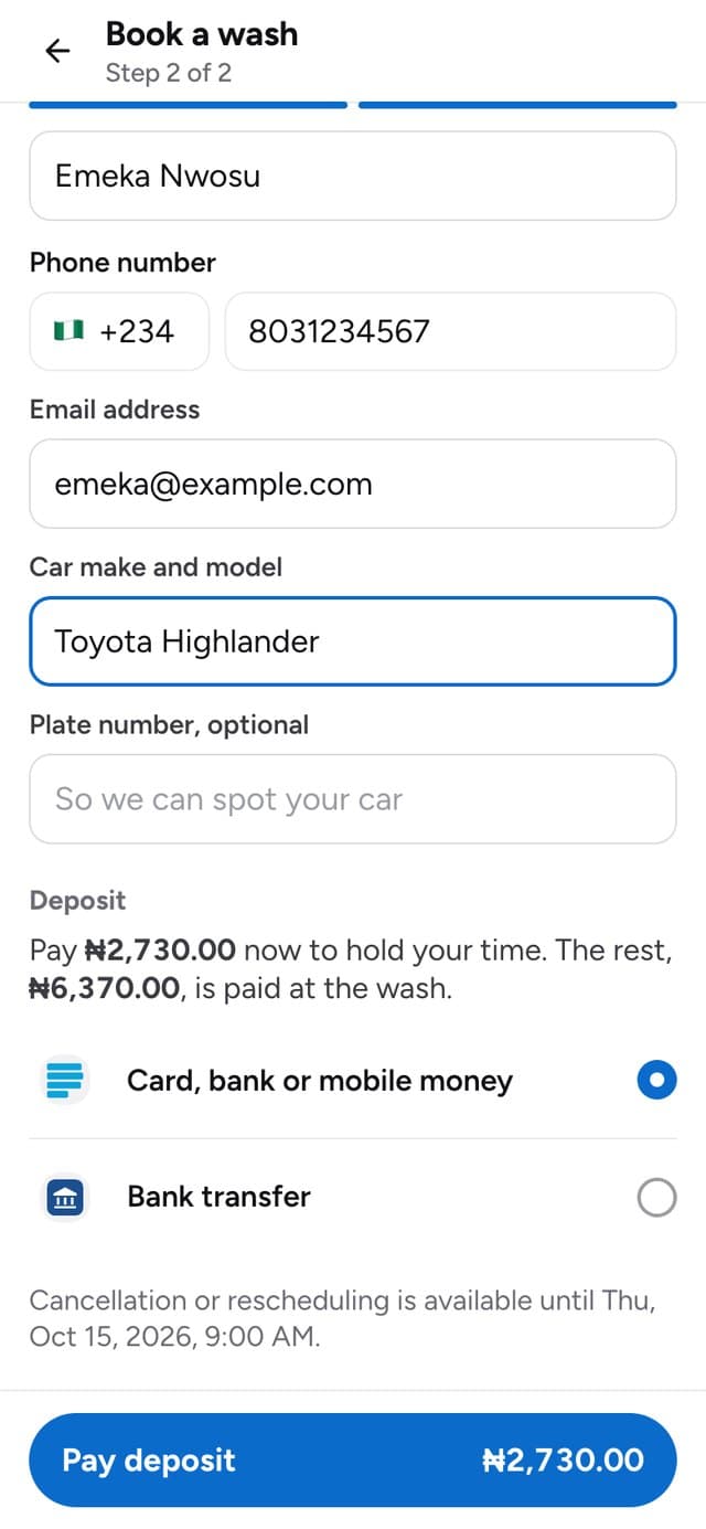The confirm screen with the deposit and the ways to pay