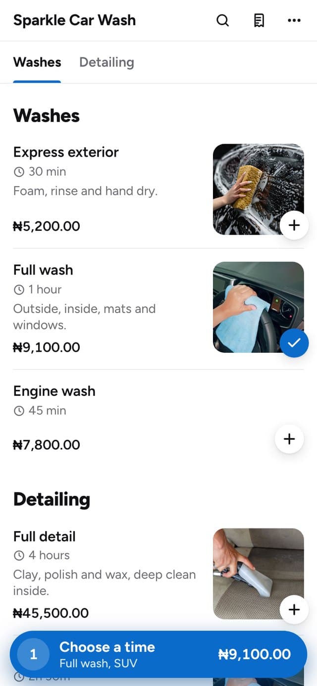 A full wash for an SUV added to the booking