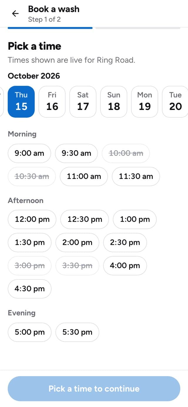 Free times at the Ring Road branch, with taken times crossed out