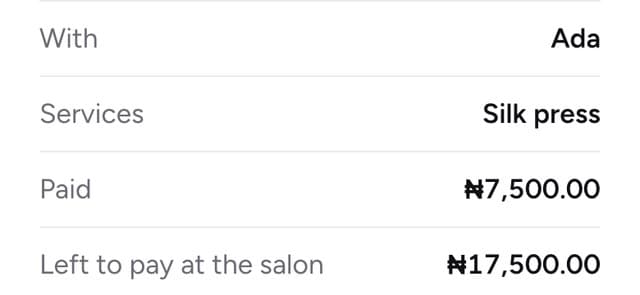 A booking with Ada for a silk press: ₦7,500 paid, ₦17,500 left to pay at the salon