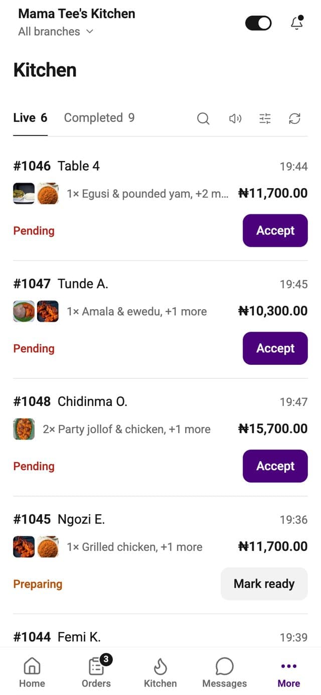 The kitchen screen with pending and preparing orders