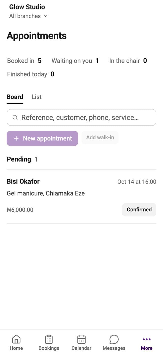 The appointments board on the owner's phone