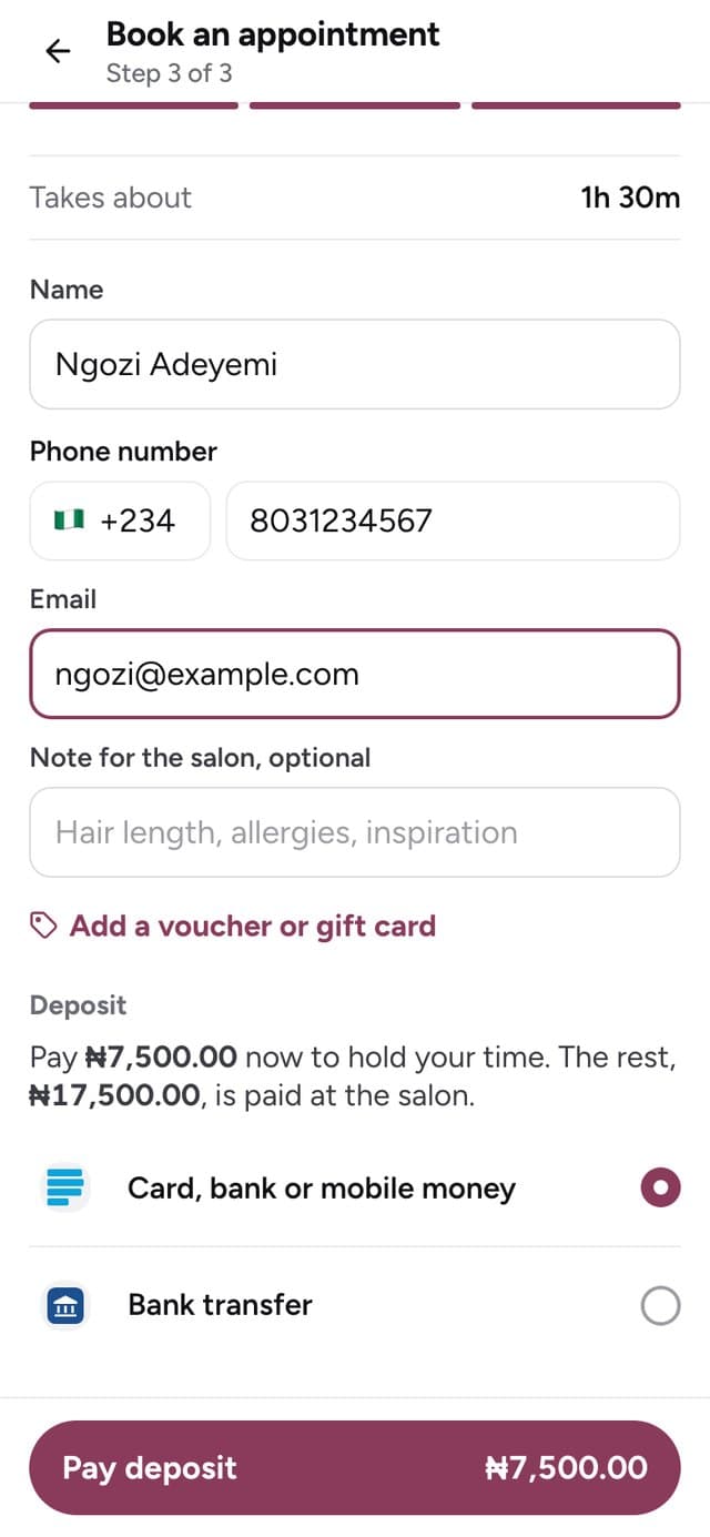 The confirm screen with the deposit and the ways to pay