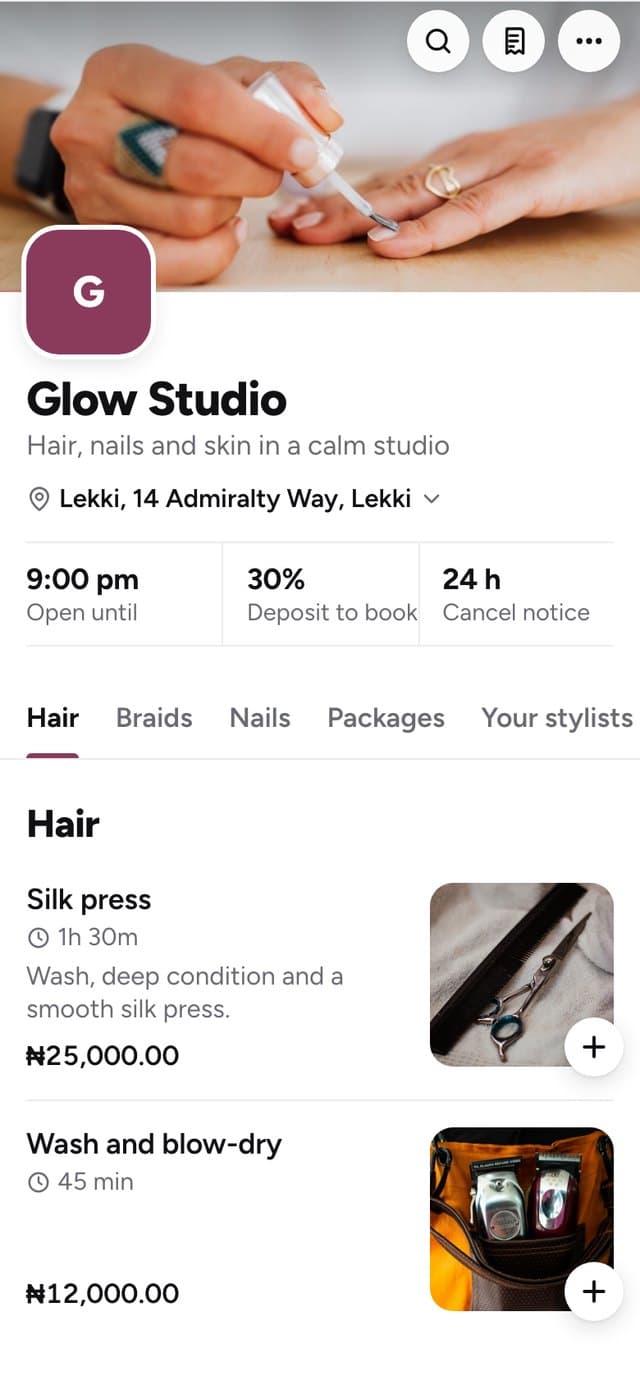 A salon's own booking link on a phone, with services, prices and a 30% deposit to book
