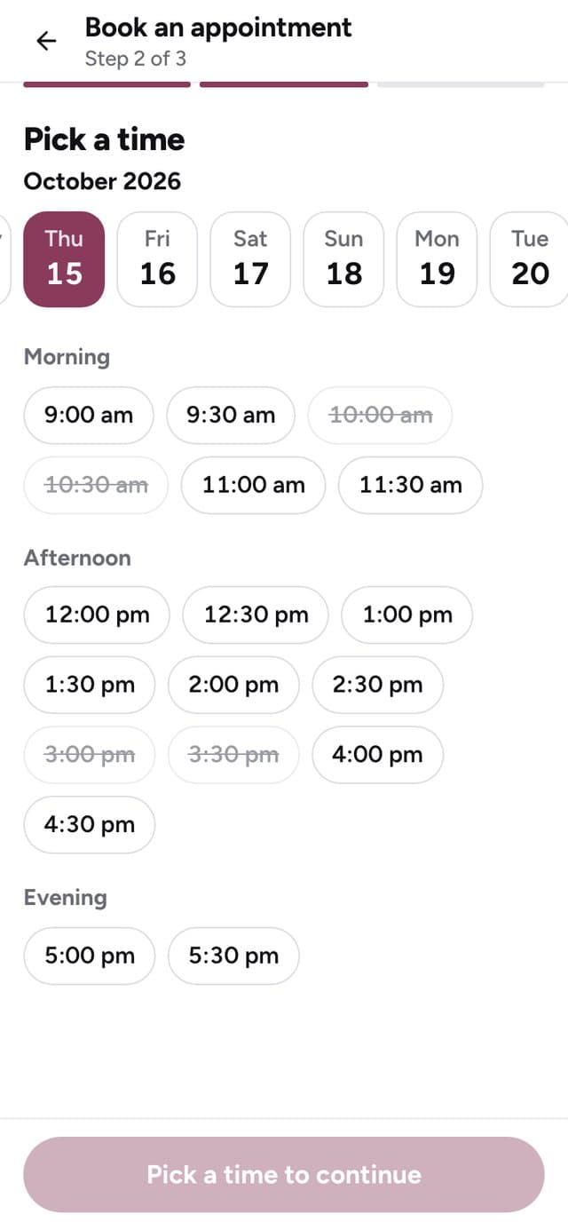 Free times for Thursday, with taken times crossed out