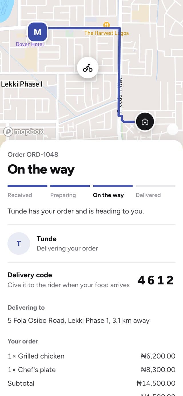 The customer's live map with the rider on the way